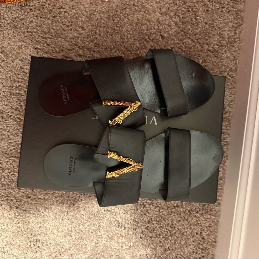 Versace Black Slides with Gold Detailing